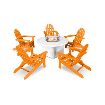 POLYWOOD Classic Folding Adirondack 6-Piece Conversation Set W/ Fire Pit Table – Tangerine / White