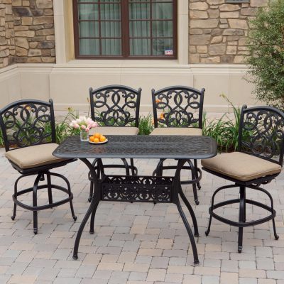 Darlee Santa Monica 5 Piece Cast Aluminum Patio Armless Counter Height Bar Stool Set W/ 52 X 26 Inch Rectangular Table & Sesame Cushions