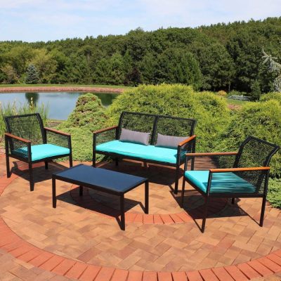 Ultimate Patio 4-Piece Black Resin Rattan Outdoor Patio Furniture Set – Maya Blue