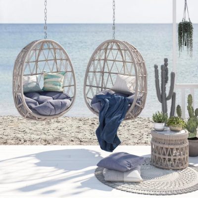 Sunset West Dana 3 Piece Olefin Rope Patio Hanging Chair Set W/ End Table & Sunbrella Linen Canvas Cushions