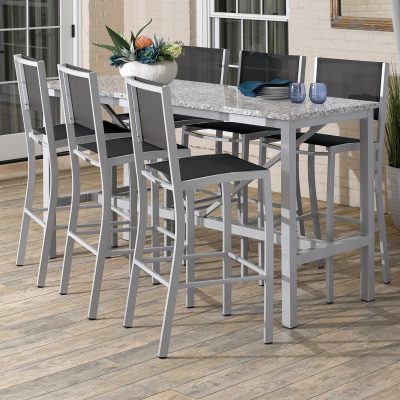 Travira 7 Piece Aluminum Patio Bar Set W/ 72 X 30 Inch Rectangular Lite-Core Ash Table By Oxford Garden – Black Sling