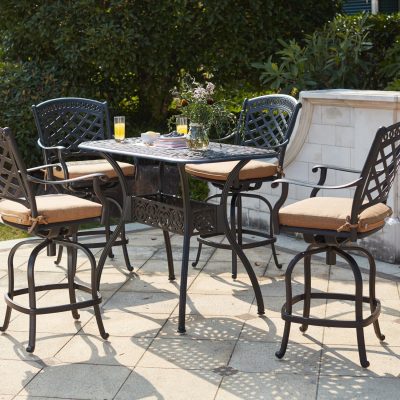 Darlee Sedona 5 Piece Cast Aluminum Patio Counter Height Bar Set W/ 52 X 26 Inch Rectangular Table & Sesame Cushions