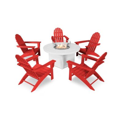 POLYWOOD Vineyard 6-Piece Adirondack Chat Set w/ Fire Pit Table – Sunset Red / White