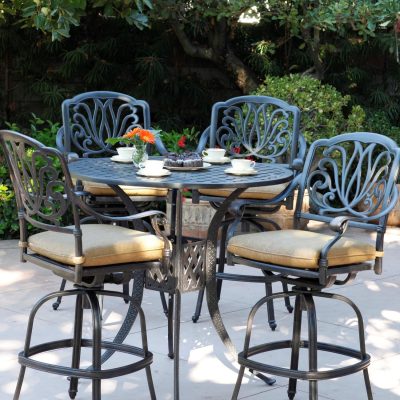 Elisabeth 5 Piece Cast Aluminum Patio Bar Set W/ 42 Inch Round Table, Swivel Bar Stools & Sesame Cushions By Darlee