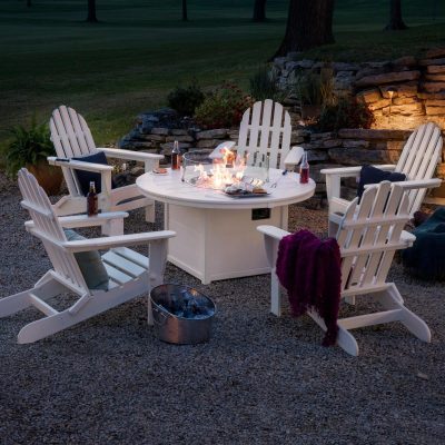 POLYWOOD Classic Folding Adirondack 6-Piece Conversation Set W/ Fire Pit Table – White