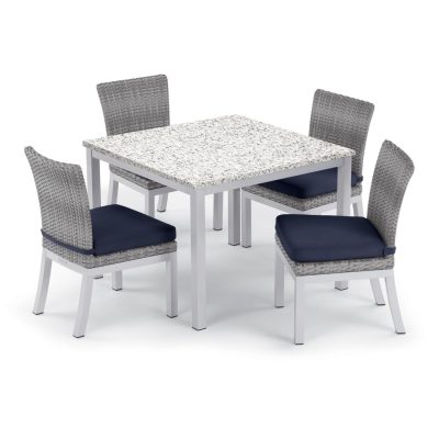 Argento 5 Piece Wicker Patio Dining Set W/ 39 Inch Square Lite-Core Ash Table, Side Chairs & Midnight Blue Cushions By Oxford Garden