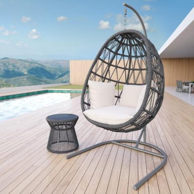 Sunset West Milano 2 Piece Olefin Rope Hanging Patio Hanging Chair Set W/ End Table & Sunbrella Echo Ash Cushions