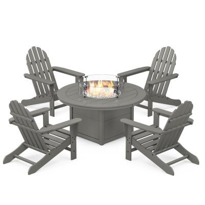 POLYWOOD Classic Adirondack 5-Piece Conversation Set W/ Fire Pit Table – Slate Grey