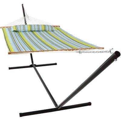 Ultimate Patio Quilted Double Hammock w/ Heavy-Duty Stand & Pillow – Blue/Green Stripe