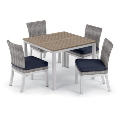 Argento 5 Piece Wicker Patio Dining Set W/ 39 Inch Square Tekwood Vintage Table, Side Chairs & Midnight Blue Cushions By Oxford Garden