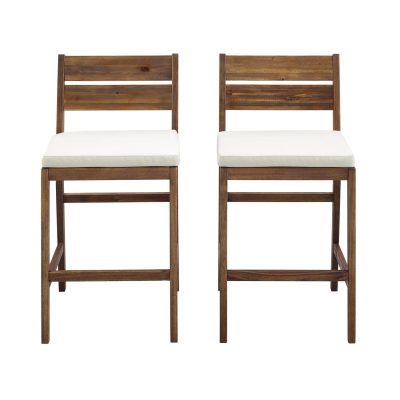 Ultimate Patio 2 Piece Acacia Patio Counter Height Bar Stool Set W/ Off-White Cushions- Dark Brown