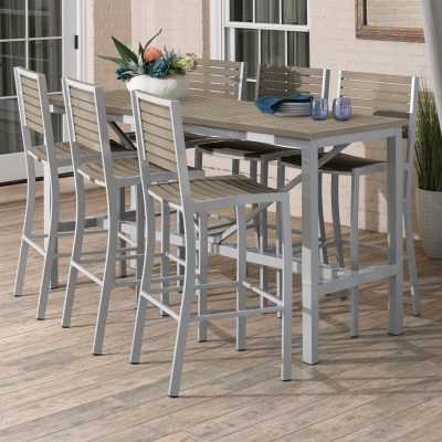 Travira 7 Piece Aluminum Patio Bar Set W/ 72 X 30 Inch Rectangular Tekwood Vintage Table By Oxford Garden