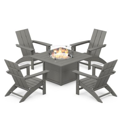 POLYWOOD Modern 5-Piece Adirondack Chair Conversation Set w/ Fire Pit Table – Slate Grey