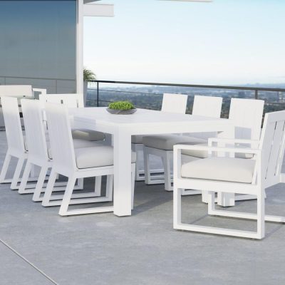 Sunset West Newport 9 Piece Aluminum Patio Dining Set W/ Dining Table & Sunbrella Cast Silver Cushions