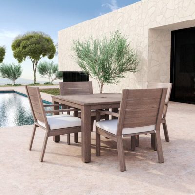 Sunset West Laguna 5 Piece Aluminum Patio Dining Set W/ Dining Table & Sunbrella Canvas Flax Cushions