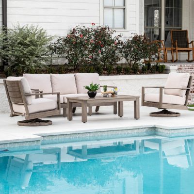 Sunset West Laguna 4 Piece Aluminum Patio Conversation Set W/ Swivel Rocker Club Chairs & Sunbrella Canvas Flax Cushions