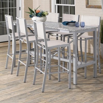 Travira 7 Piece Aluminum Patio Bar Set W/ 72 X 30 Inch Rectangular Lite-Core Ash Table By Oxford Garden – Natural Sling