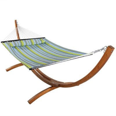 Ultimate Patio Quilted Double Hammock & Pillow w/ 12-Foot Wood Stand – Blue & Green