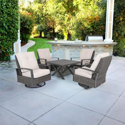 Lakeview Catahoula 5 Piece Wicker & Aluminum Patio Conversation Set W/ 42-Inch Square Table & Antique Beige Cushions