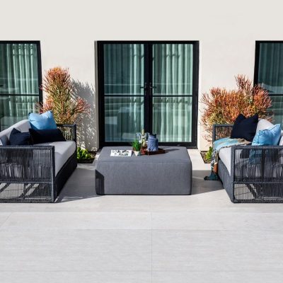 Sunset West Milano 3 Piece Olefin Rope Patio Conversation Set W/ Pouf Coffee Table & Sunbrella Echo Ash Cushions