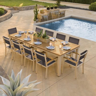 Travira 11 Piece Aluminum Patio Dining Set W/ 103 X 42 Inch Rectangular Tekwood Natural Table By Oxford Garden – Black Sling