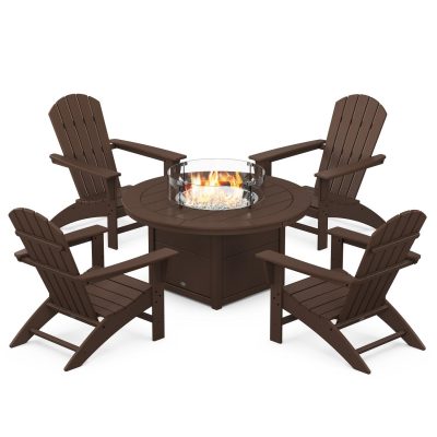 POLYWOOD Nautical 5-Piece Adirondack Chair Conversation Set w/ Fire Pit Table – Mahogany