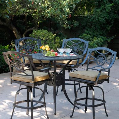 Darlee Ten Star 5 Piece Cast Aluminum Patio Bar Set W/ 42 Inch Round Table & Sesame Cushions