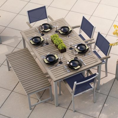 Oxford Garden Travira 6 Piece Flint Aluminum Patio Dining Set W/ Ink Pen Sling Armchairs, 63-Inch Rectangular Vintage Tekwood Table & Backless Bench