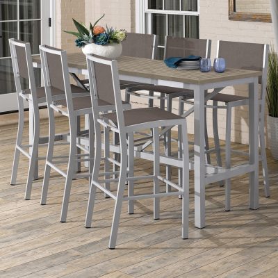 Travira 7 Piece Aluminum Patio Bar Set W/ 72 X 30 Inch Rectangular Tekwood Vintage Table By Oxford Garden – Cocoa Sling