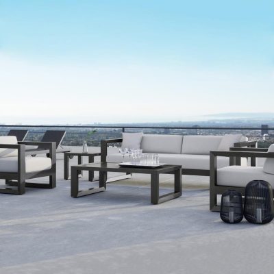 Sunset West Redondo 5 Piece Aluminum Patio Conversation Set W/ Coffee Table, End Table, & Sunbrella Cast Silver Cushions