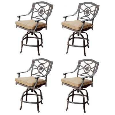 Ten Star 4 Piece Cast Aluminum Patio Counter Height Swivel Bar Stool Set W/ Sesame Cushions By Darlee