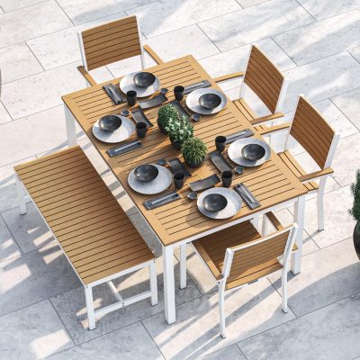 Oxford Garden Travira 6 Piece Chalk Aluminum Patio Dining Set W/ Natural Tekwood Armchairs, 63-Inch Rectangular Natural Tekwood Table & Backless Bench