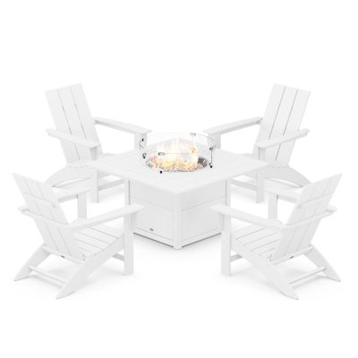 POLYWOOD Modern 5-Piece Adirondack Chair Conversation Set w/ Fire Pit Table – White