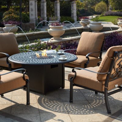 Darlee Santa Barbara 5 Piece Cast Aluminum Patio Fire Pit Conversation Set W/ Sesame Cushions