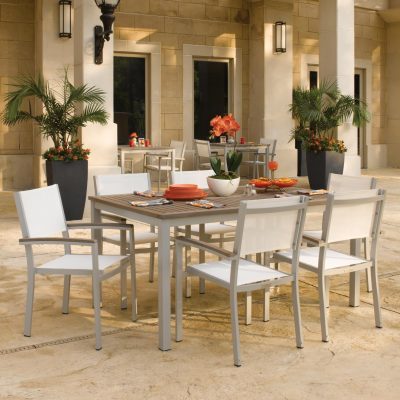 Travira 7 Piece Aluminum Patio Dining Set W/ Natural Sling Stacking Chairs & 63 Inch Rectangular Tekwood Vintage Table By Oxford Garden