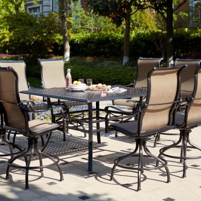 Darlee Monterey 9 Piece Cast Aluminum Sling Patio Bar Set W/ 60 Inch Square Counter Height Table