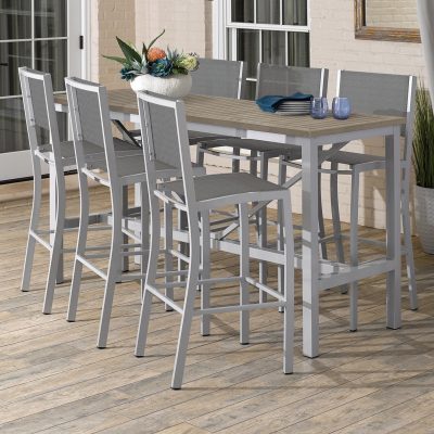 Travira 7 Piece Aluminum Patio Bar Set W/ 72 X 30 Inch Rectangular Tekwood Vintage Table By Oxford Garden – Titanium Sling