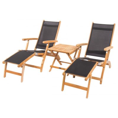 Steamer 3 Piece Teak Patio Chaise Lounge Set W/ Side Table By Royal Teak Collection – Black Sling