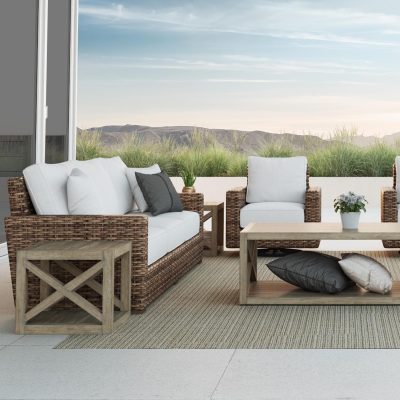 Sunset West Havana 7 Piece Resin Wicker Patio Conversation Set W/ Coffee Table, End Table, & Sunbrella Canvas Flax Cushions