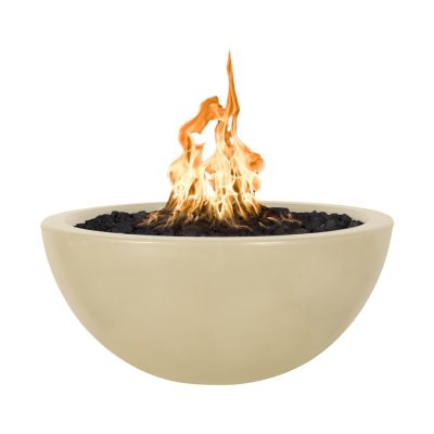 Luna 30 Inch Match Light Round GFRC Concrete Propane Fire Pit in Vanilla By The Outdoor Plus