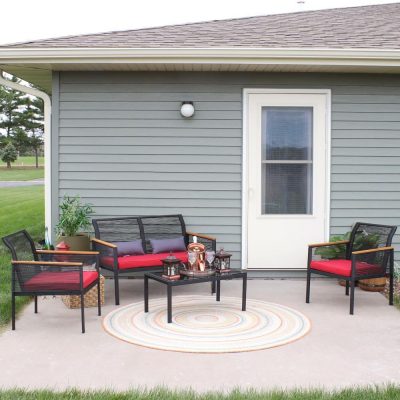 Ultimate Patio 4-Piece Black Resin Rattan Outdoor Patio Furniture Set – Red Cushions