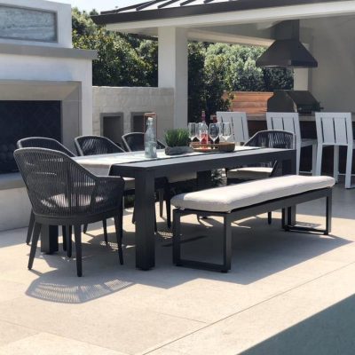 Sunset West Milano 7 Piece Olefin Rope & Aluminum Patio Dining Set W/ Dining Table & Sunbrella Echo Ash Cushions