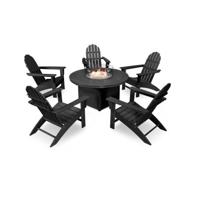 POLYWOOD Vineyard 6-Piece Adirondack Chat Set w/ Fire Pit Table – Black