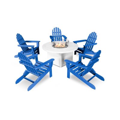 POLYWOOD Classic Folding Adirondack 6-Piece Conversation Set W/ Fire Pit Table – Pacific Blue / White