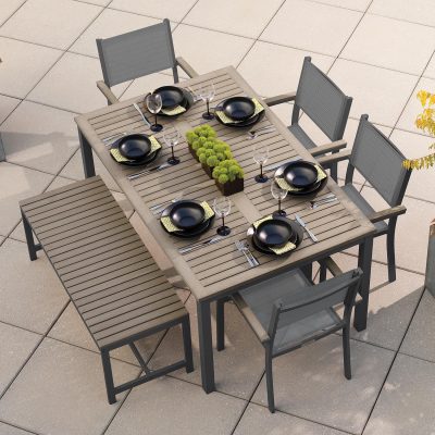 Oxford Garden Travira 6 Piece Carbon Aluminum Patio Dining Set W/ Titanium Sling Armchairs, 63-Inch Rectangular Vintage Tekwood Table & Backless Bench