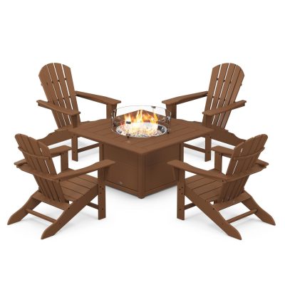 POLYWOOD Palm Coast 5-Piece Adirondack Chair Conversation Set w/ Fire Pit Table – Teak