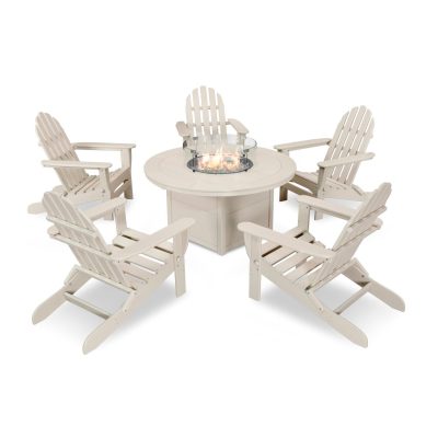 POLYWOOD Classic Folding Adirondack 6-Piece Conversation Set W/ Fire Pit Table – Sand