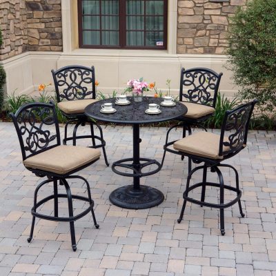 Darlee Santa Monica 5 Piece Cast Aluminum Patio Armless Bar Stool Set W/ 42 Inch Round Pedestal Table & Sesame Cushions