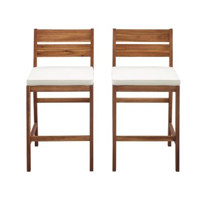 Ultimate Patio 2 Piece Acacia Patio Counter Height Bar Stool Set W/ Off-White Cushions – Brown