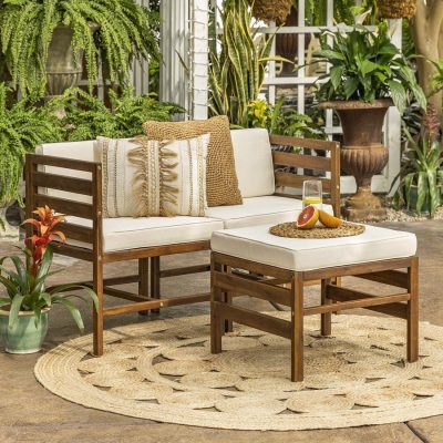 Ultimate Patio Bellelot 3 Piece Acacia Patio Sectional Set W/ 23 1/2 Inch Square Ottoman – Dark Brown/Cream